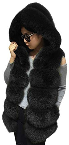 YOUCAI Gilet Con Cappuccio in Morbida Pelliccia Sintetica Senza Maniche Leggero Gilet Invernale Caldo Giacca Cappotto Per Donne E Ragazze,Taglia unica,Nero