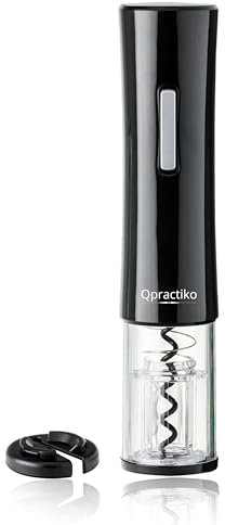 Qpractiko - Elektrischer Korkenzieher Q001 | Batteriebetrieben | Entfernt Korken in Sekunden | Öffnet bis zu 40 Flaschen | Inkl. Kapselschneider | Flaschenöffner Wein | Schwarz, Kunststoff Edelstahl