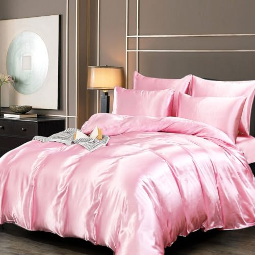 Guchuang Bedding Juego completo de ropa de cama de satén de seda tamaño King, 6 piezas, funda de edredón rosa de lujo, funda de edredón de microfibra ultrasuave de 220 x 230 cm con 1 sábana bajera, 4