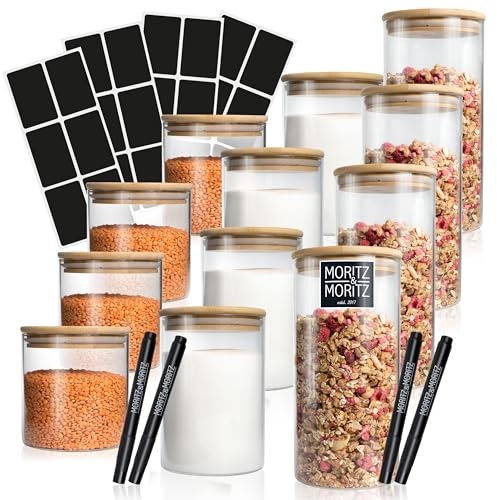 Moritz & Moritz Glass Storage Jars with Bamboo Lids – 12 Airtight Food Containers – 1.5L / 0.75L / 0.5L – Borosilicate Glass Kitchen Jars – Pantry Storage Set with Chalk Labels