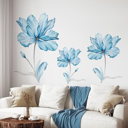 Tanlaby Blu Adesivi Murali Fiori Grandi Adesivo Murale Parete Autoadesivo Rimovibile Adesivi Fiori Pareti per Soggiorno Camera da Letto Uffici Bagno Decorazione Murale