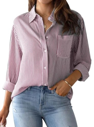 MINTLIMIT Women's Striped Button Down Shirts Long Sleeve Casual Blouse Tops with Pockets for Women 2024 Red