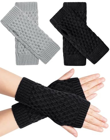 MELLIEX 2 Paar Halb Fingerlose Handschuhe Winter Pulswärmer Handschuhe mit Daumenloch Warm Strick Handstulpen Unisex，Schwarz + Grau