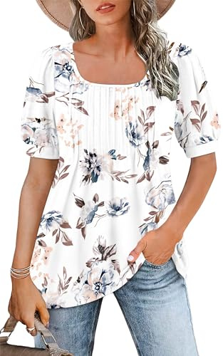 WNEEDU T-shirt dam fyrkantig krage tunika sommar kortärmad t-shirt flytande skjorta veckad toppar chic chic lös topp