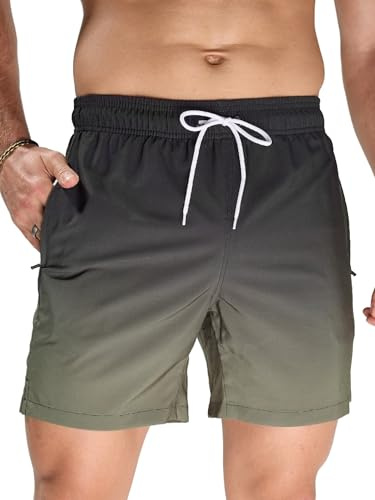 Arcweg Badbyxor för män, snabbtorkande badshorts, korta boardshorts, strandshorts, sportbyxor med nätfoder, S–XXL, Svart + militärgrön färggradient, XL