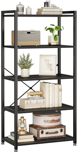 Coleshome Book Shelf, Tall Bookshelf, Wood Bookcase Shelves for Bedroom, Industrial Display Shelf for Living Room Home Office Kitchen, Standing Shelves Unit Storage Organizer (Black, 5-tier)