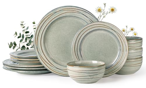 GBhome Stoneware Dinner Set for 4People, 12 Pieces Handcrafted Plates and Bowls Set, Reactive Glaze Dinner Sets for 4 PeopleDinnerware Set, Dishwasher & Microwave Safe Crockery Set