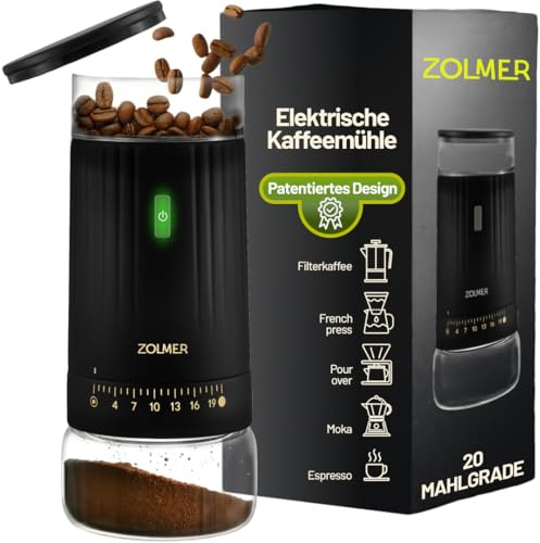 Zolmer Elektrische Kaffeemühle mit Kegelmahlwerk – USB wiederaufladbar grinder elektrisch, 15 Mahlstufen stufenlos einstellbar, Espressomühle & Gewürzmühle, leiser Motor kompakt & leicht zu reinigen