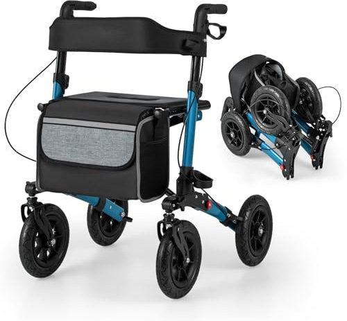 RELAX4LIFE Déambulateur 4 Roues Pliable Léger | Rollator 4 Roues Tout Terrain | Assise & Dossier Rembourrés | Panier | Hauteur Réglable | Déambulateur Pliable Portable pour Personnes Âgées (Bleu)