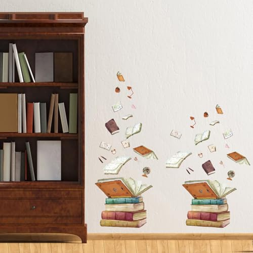 Superdant - Lote de 2 pegatinas de vinilo para pared, diseño de libro mágico, con libros voladores, bolsa de escuela, tijeras, regla de globo, decoración artística para sala de lectura y aula