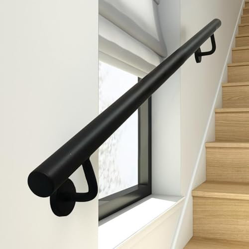 Escalera negra de 17 pies - Barra de agarre de hierro forjado montada en la pared para escaleras de interior/exterior, barandilla duradera con soportes de metal para seguridad y apoyo
