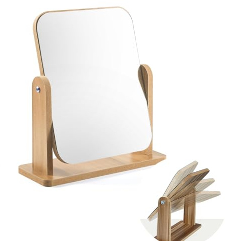 Miroir cosmétique rotatif à 360 ° - Miroir de table - Haute transparence - Pour coiffeuse - Grand miroir de bureau en bois - Pour bureau, salle de bain, chambre à coucher (18 x 13 cm)