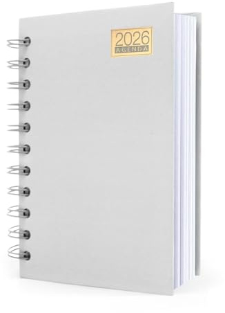 HW CASA Agenda diaria 2026 - Cuaderno A6, 200 páginas, tapa empalmada bicolor, con inserto para bolígrafo y hebilla, diseño de página individual y etiquetas mensuales de colores, gris
