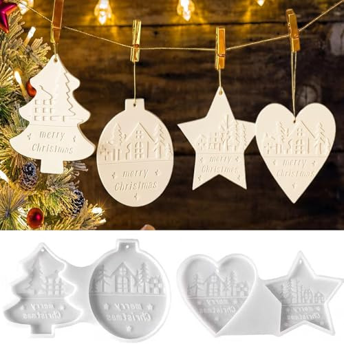 4 Piezas Moldes de Silicona para Fundición de Navidad, Moldes de Silicona para Fundir Navidad, Incluye Árbol de Navidad, Corazón, Estrella,Colgante Redondo,Perfectos para Manualidades Navideñas