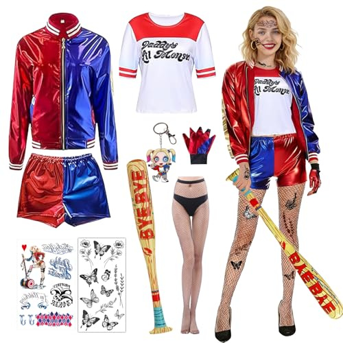 Quinn Costume Donna,Halloween Ragazze Clown Outfits con giacca,pantaloncini,maglietta,guanto,Portachiavi,mazza da baseball gonfiabile e tatuo,Cosplay Costumi per Halloween Carnevale (Adulto, M)