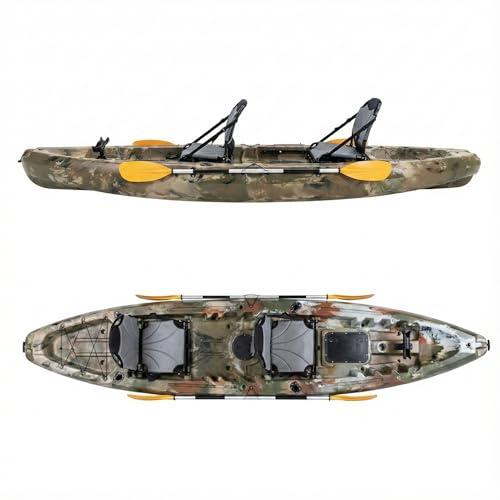 Crazy4Boating Kajak 395 cm Sit-on-Top 2er | Grau Camo | Robustes PE Familien- & Angelkajak (2+1) | Kippstabil & Unsinkbar | Komplett-Set inkl. 2 Sitze & 2 Paddel