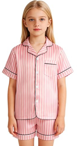 JinBei Barn satäng pyjamasset, flickor, pojkar, kortärmade shorts, sommar, pyjamas, 2 st knappar, mjuka, andningsbara, lätta nattkläder, myskläder för barn, tonåringar, ålder 8-13 år