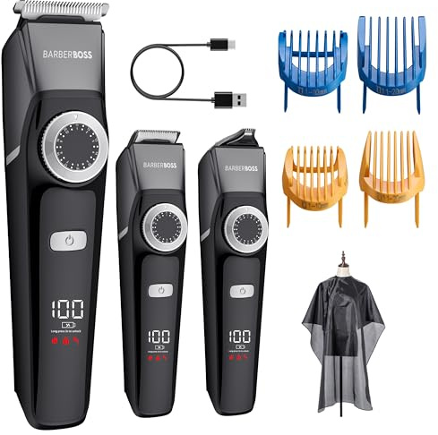 BarberBoss Kit de cuidado para hombre, 3 en 1, recortador de pelo y barba inalámbrico, botón giratorio de precisión, indicador LED, kit de cuidado facial para hombres, cortapelos inalámbrico