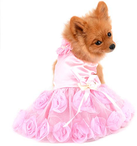 PAIDEFUL Husdjursklänning för små hundar flickor lyxig valp bröllopsklänning ros blomma spets tutu kjol silkeslen rosett födelsedagsfest hundkläder, rosa, storlek M