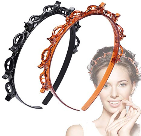 JASSINS 2 Pcs Bangs Hairstyle Hairpin Headband, Professional Weave Bangs Clip, Toothed Headband Braid Tool, Women Girls Fashion Hair Accessories (Black and Brown)