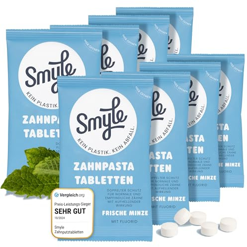 Smyle Zahnputztabletten - Vegan, Fluoridhaltig, Plastikfrei, Biologisch Abbaubare Feste Zahnpasta, Vierenpack (504 Stück)