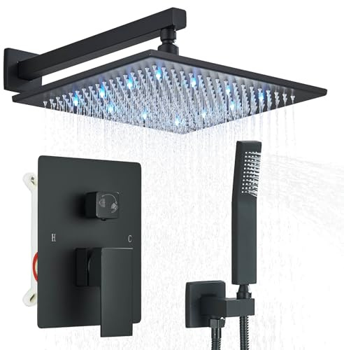 12 inches LED Rainfall Shower Head with Brass Handheld Rain Shower System Shower Faucets Sets Complete or Bathroom Rough-in Valve Body and Trim Included Matte Black