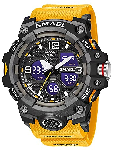 SMAEL Men's Military Waterproof Sports Watch Date Multifunction LED Alarm Stopwatch Digital Watch for Men, Orange, Large Face, Digital