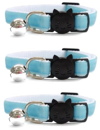 Velvet Cat Collars with Bell. Safe Breakaway Quick Release Buckle. Available in Cat & Kitten Size (Pack of 3) (Kitten Collar (15cm - 23cm), Baby Blue Velvet (Pack of 3))