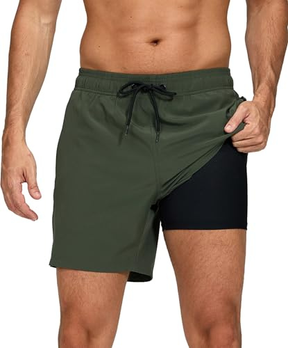 outfit spring Bañador Hombre Secado Rápido con Bolsillo, Pantalones Cortos de Natación 2 en 1 con Forro de Compresión, Bañadores Deportivos para Playa, Piscina y Entrenamiento, C0 Verde Militar, L