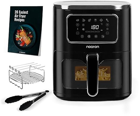 Noaton Heißluftfritteuse 4,4 L, Ölfreie Air Fryer für 1-4 Personen, 6 Programme, 80-200 °C, 60-Minuten Timer, 1450 W, Digitales Display, Inklusive Rezeptbuch, Spülmaschinenfest, Schwarz