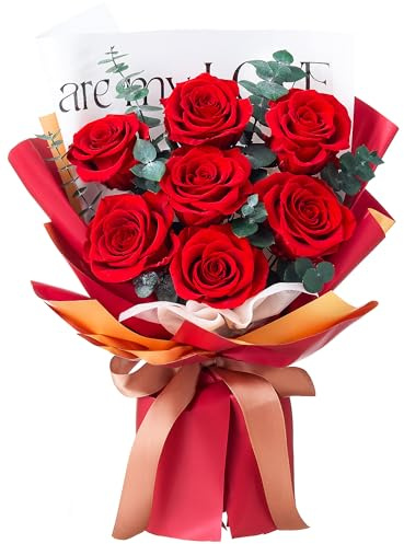 Mosstory Roses Bouquet 7-Piece Forever Flowers Bouquet Gift for Her Women Wife Mothers Anniversary Birthday Wedding (Red Roses)