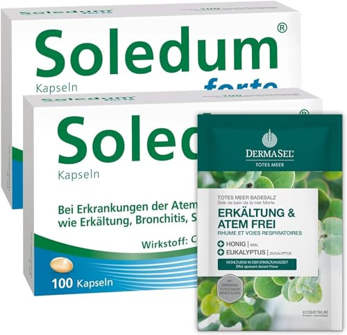 Soledum Kapseln forte | 2x 100 Erkältungskapseln mit Cineol bei Entzündungen der Atemwege wie Bronchitis inkl. 80g Dermasel Erkältungsbad im Sparset