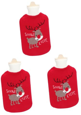 Healvian 3 Sätze Weihnachts-Wärmflasche warme Wassertasche aus Fleece tragbare Wärmflasche Wasserflaschen Geschenk gestrickte Handwärmer wärmerer Strickbezug Nacken und Schultern Suite Kind
