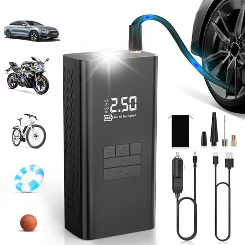 DIHOOM Compresor Aire Portatil - Inflador Electrico de Neumáticos de Coche de 45L/min con Soporte de Power Bank, Iluminación LED Batería de 6000mAh,4 Modos,Ideal para Coches Bicicletas Motos y Balones