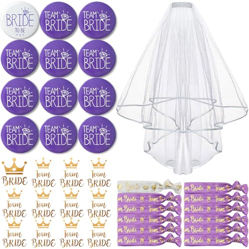 TZEKING 37 Piezas Despedida de Soltera Accesorios,Chapas Alfileres Despedida de Soltera,11 Team Bride Chapas, 1 Bride Chapas,Velo Novia Despedida, 12 Tatuajes,12 Pulseras,Accesorios Despedida Equipo