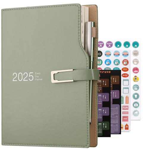 Akademischer Terminplaner 2025, A5-Format, ein Tag pro Seite, Terminplaner mit Kalenderaufklebern, Agenda, Planer mit Stifthalter und Stift, hochwertiges, dickeres Papier, 14 x 21,5 cm, Grün