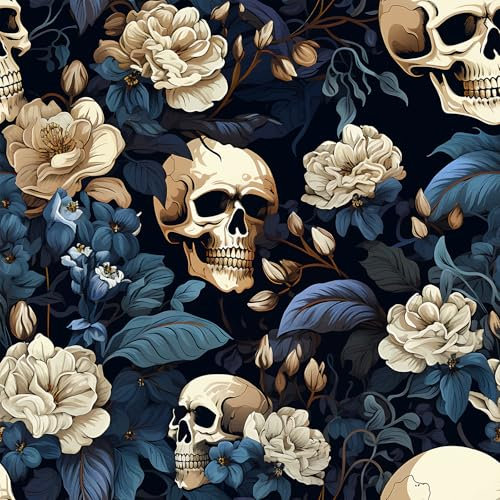 VEELIKE Modern Skull and Floral Blue Wallpaper for Bedroom, Bathroom and Living Room - Gothic Art Deco Wall Mural 44.5cm x 300cm Removable Peel and Stick