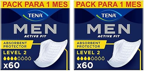 TENA Men Level 2 x60 - Compresa Protectora y Absorbente para Hombre - Para Incontinencia Moderada - Con Zona de Absorción Mejorada - Máxima Discreción - Paquete Mensual (6x10) (Paquete de 2)