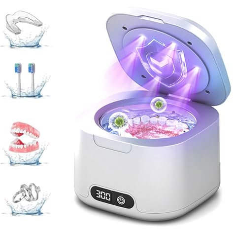 Ultraschallreinigungsgerät 49000Hz UV Ultraschallreiniger, 3-Level 360ML Ultrasonic Cleaner mit UV Lampe Ultraschallbad für Zahnersatz, Retainer, Aligner, Zahnschiene, Prothesen, Schmuck