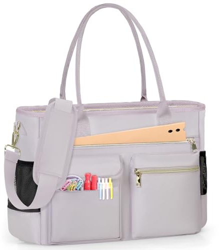 RAINSMORE Laptop Tote Bags for Women 15.6 inch Teacher Bag Large Nurse Utility Bag Computer Messenger Briefcase with Insulated Pocket for Work School Office Business University Grey Pink