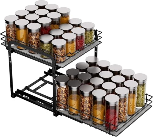 Spice Rack, 2 Tier Pull Out Spice Organiser for Inside Cupboard, Cabinet or Countertop - Adjustable Cabinet Shelf with Smooth Slide Rails for Kitchen, Pantry, 27×14.5×21cm
