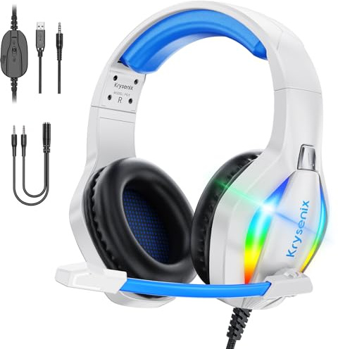Krysenix PG1 RGB Gaming Headset for PS4, PS5, PC, Switch, Xbox, Headset with LED and Gaming Headphones with Microphone, Noise Cancelling Headphones with 3.5mm Jack,Pale blue