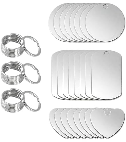 PacuM 24 Pièces Pendentif Acier Inoxydable Vierge Rond/Cœur/Rectangle Breloque Acier Inoxydable Avec Porte-Clés pour Fabrication Colliers Pendentifs Bracelets Plaques D'Identité