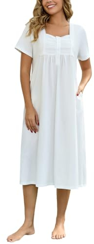 Rubehoow Nightgown Women's Short Sleeve Victorian Nightdress Vintage Soft Cotton Pajama Dress with Pockets