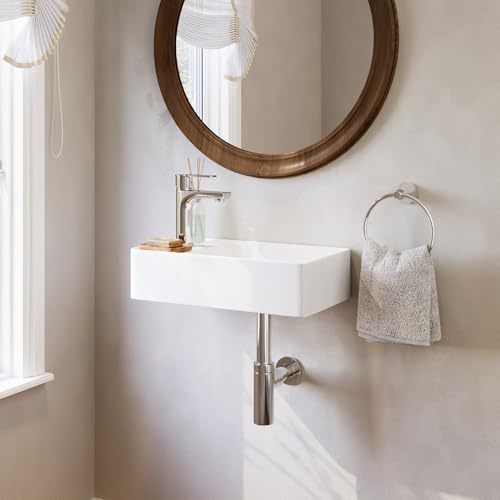 DeerValley Wall-Mounted Bathroom Sink, 18 x 10 Modern White Rectangular Ceramic Floating Vessel Wash Basin, Pop-Up Drain Included