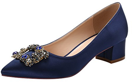ERIJUNOR E2233 Women Comfort Low Heel Closed Toe Rhinestone Wedding Evening Satin Shoes Navy Size 8.5