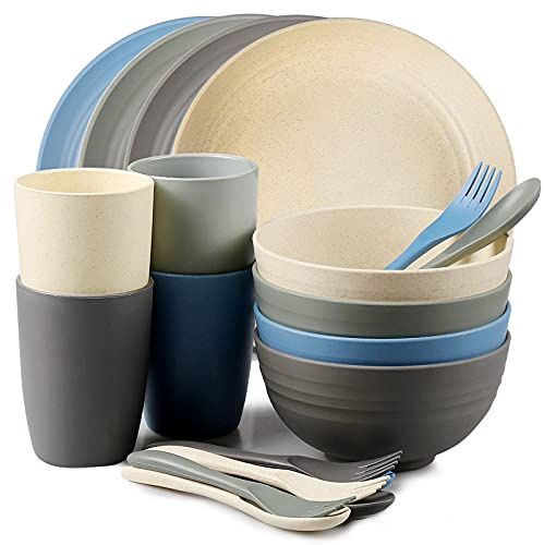 Shopwithgreen Wheat Straw Dinnerware Sets for 4, 20 PCS Unbreakable Plates and Bowls Sets, Reusable Dinner Dishes Set, Bowls, Cups, Plates for Camping, Kitchen, RV, Dorm, Dishwasher Microwave Safe