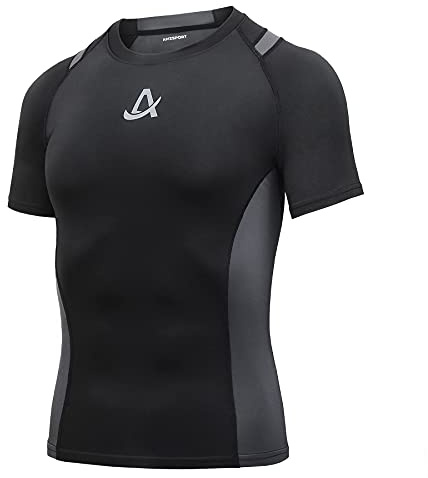 AMZSPORT Camisa de Compresión Deportiva para Hombre Camiseta de Manga Corta Camiseta Capa Base Fresca y Seca, Negro M