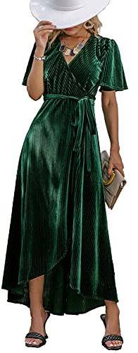 BerryGo Women's Semi Formal Velvet Wrap Dress Prom Cocktail Short Sleeve Swing Long Maxi Dress Emerald Green L