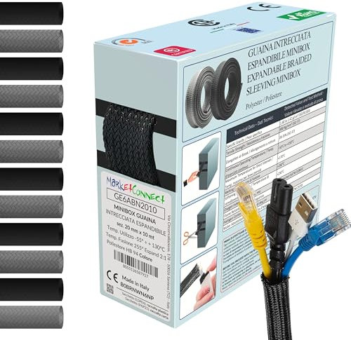 MarketConnect® Guaina Cavi Espandibile Ø 15mm, L 10mt • Raccogli e Nascondi Cavi • Ideale per Scrivania e TV • NERO • MINIBOX